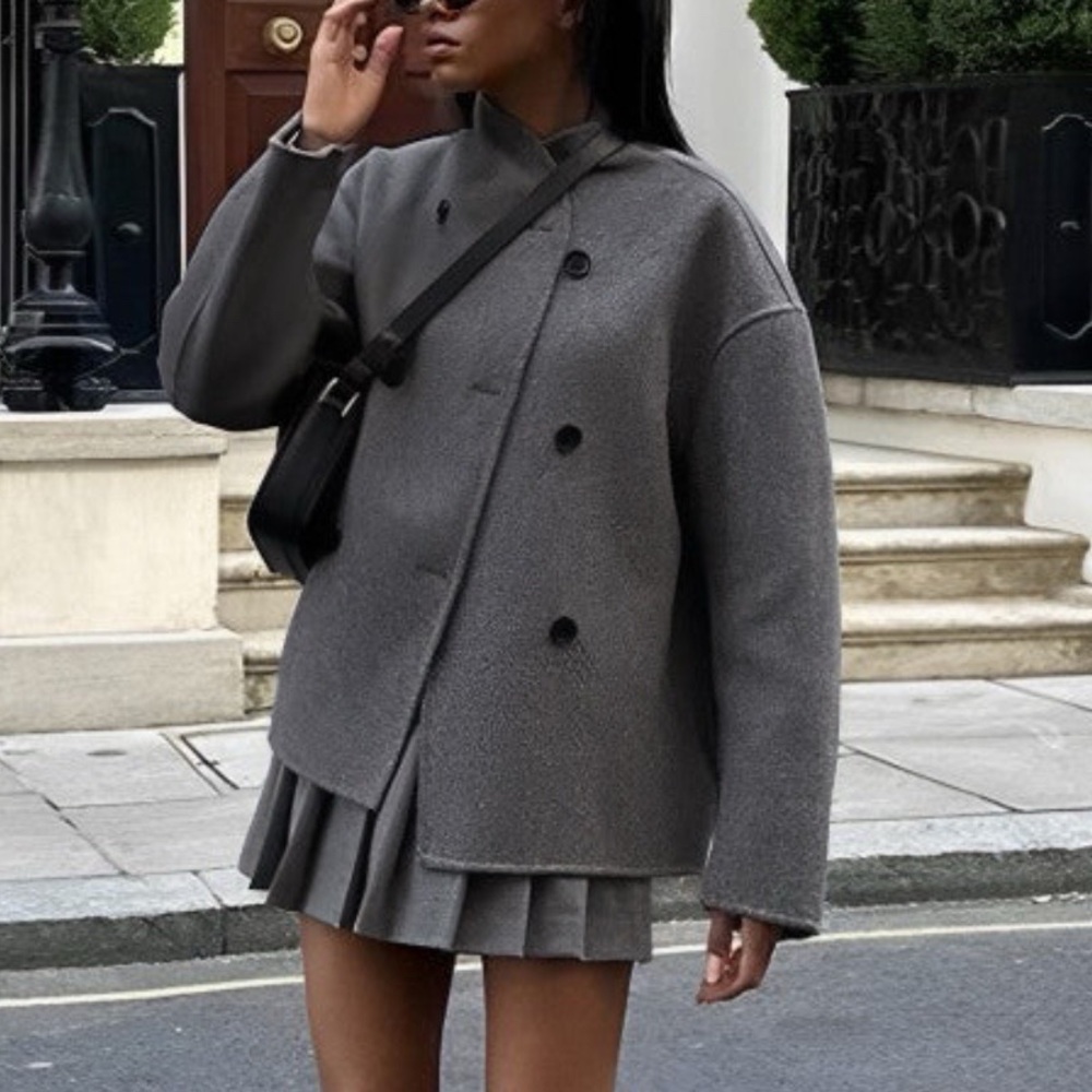 Commense Super Soft Wool-like Grey Oversized Double Breasted Jacket Coat